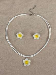 波西米亚风夏威夷花卉首饰套装 - 女士亚克力耳环和项链，非常适合海滩派对和度假 - 白色 - 查看 4