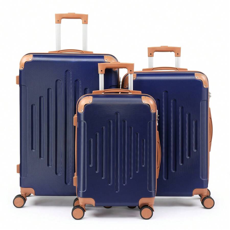 SUNROAD 3 Piece Travel Suitcase With Corner Protectors, 20/24/28 Inch, Durable Hard Shell, 360 Degree Spinner Wheels, Multifunctional, Large Capacity, Lightweight, Fashionable Multicolor - 3 in 1 藏青撞棕色 - 查看 1
