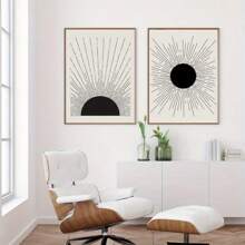 Set Of 2 Minimalist Sun Art Prints - Black & White Abstract Sunburst Designs - Frameless Modern Wall Decor For Living Room, Office - 2D Flat