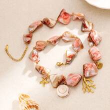 1pc Pink Shell & Coral Stainless Steel Necklace, Beach Vacation Style For Women, Suitable For Daily Wear