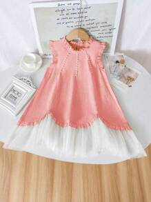 Girls' Country Style Lace Trim White Mesh Dress, Elegant Design For Girls Party, Performance, And Photography, Suitable For 4-7 Years Old, Spring/Summer