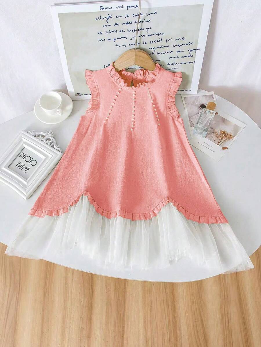 Girls' Country Style Lace Trim White Mesh Dress, Elegant Design For Girls Party, Performance, And Photography, Suitable For 4-7 Years Old, Spring/Summer