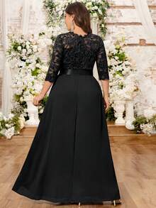 MIUSOL Plus Floral Lace Bodice Flare Hem Evening Party Maxi Formal Dress Black Elegant Prom Wedding Guest Gown, For Graduation, Dinner