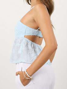 Y2k Embroidery Floral Square Neck Tank Tops Ruffle Flowy Summer Solid Camisole Backless Sleeveless Cami Shirt - 淺藍色 - 查看 4