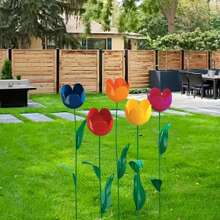 5pcs Metal Tulip Flower Shaped Garden Fence Decor, Yard Edge Decor, Suitable For Fairy Garden, Courtyard, Outdoor Decoration, Multi-Purpose, 5 Color Tulip Design, Metal Tulip Garden Stakes
