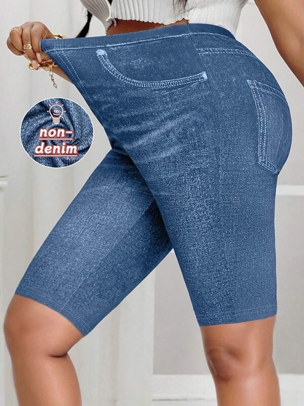 Pantaloni scurți skinny elastici pentru femei, mărime plus, cu imprimeu din denim, pantaloni scurți sport tip bermuda, casual, confortabili și eleganți, tricotați