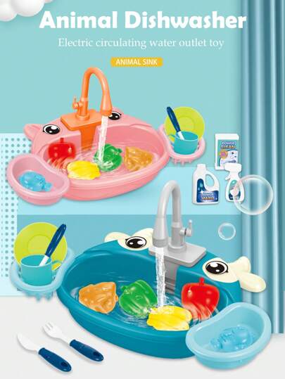 Electric Kitchen Sink Dishwasher Kids Toy, Realistic Kitchen Appliances, Circulating Water, Animal Washer Bowl, Interactive Parent-Child Play Toys, Gifts For Boys & Girls (Some Accessories Random, No Regular Batteries Included)