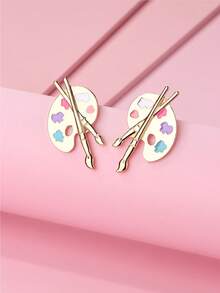 1 Pair Plated Gold Zinc Alloy Colorful Palette & Paintbrush Stud Earrings, Suitable For Girls Back To School Season Wear And Gift To Friends - one-size - View 3