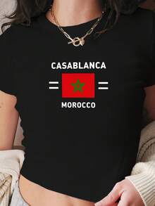 MOROCCO Flag Design Y2K Fashion Women's Short-Sleeved Comfortable Short T-Shirt - Black - View 1