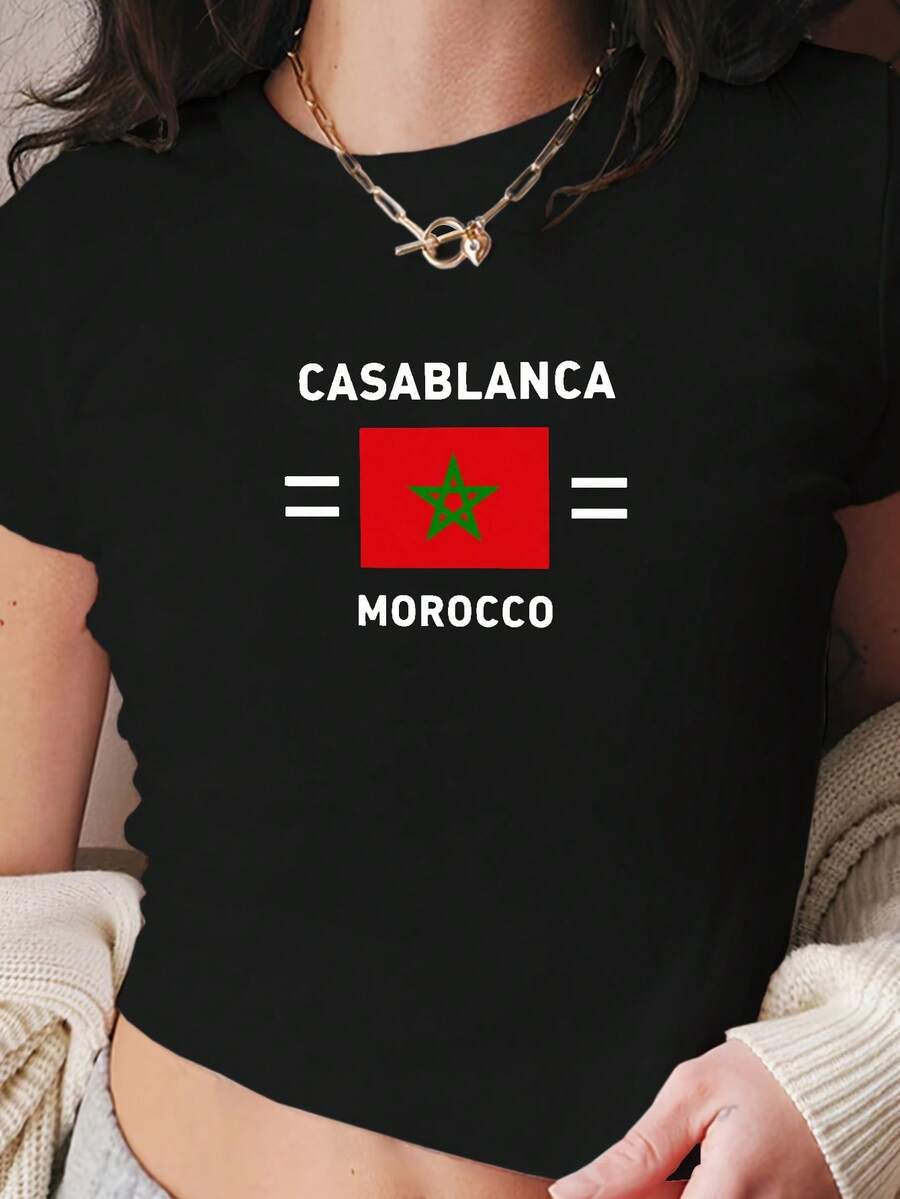 MOROCCO Flag Design Y2K Fashion Women's Short-Sleeved Comfortable Short T-Shirt - Black - View 1