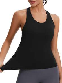 Seamless Workout Tops For Women With Built In Bra Athletic Tank Tops Yoga Runnning Workout Shirts Slim Fit - Black - View 5