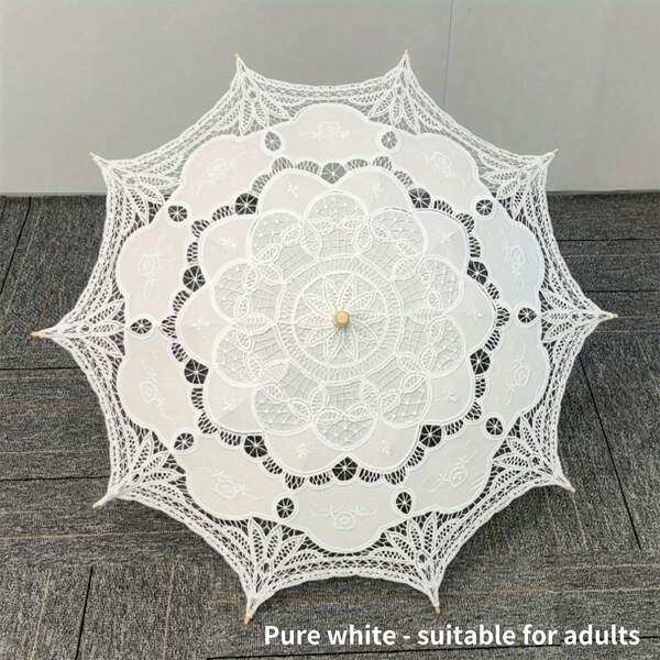 1pc Random Floral Pattern Elegant White Lace Wedding Umbrella, Romantic Floral Design, UV Protection, Wooden Handle, Suitable For Brides, Bridesmaids And Wedding Parties