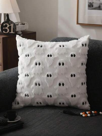 1 件万圣节枕套，万圣节装饰抱枕套，柔软毛绒鬼魂枕套，适用于沙发椅卧室客厅返校季家居装饰，黑白