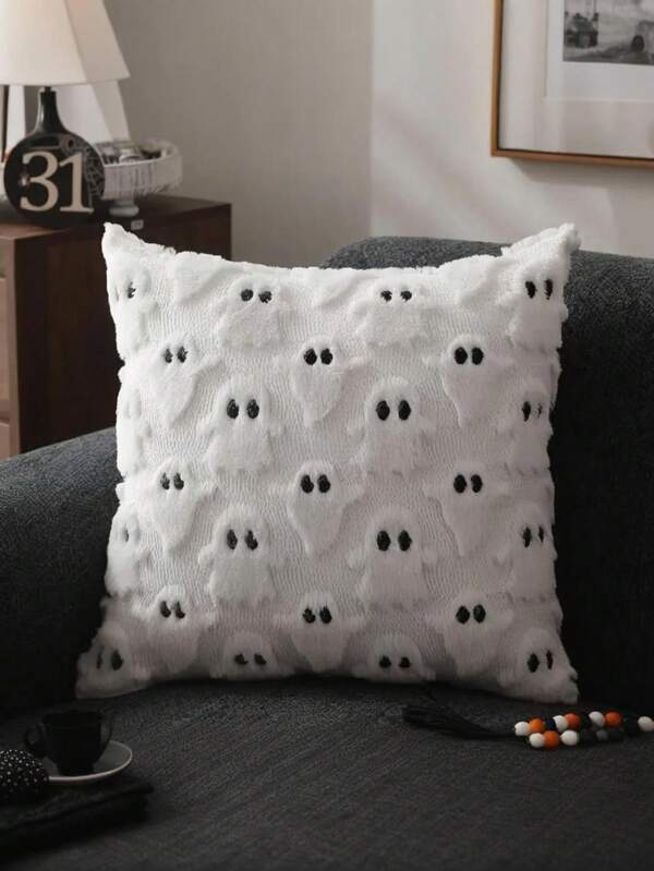 1 buc. Față de pernă de Halloween, Decor de Halloween, Față de pernă moale din pluș cu fantomă, Pentru canapea, scaun, dormitor, living, sezonul de întoarcere la școală, decorare interioară, Alb-negru
