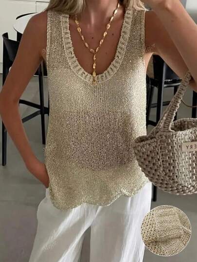 Women Frenchy Fashionable Casual Cute Sparkly See Through Textured Asymmetrical Hem Round Neck Sleeveless Knit Tank Top Camisole Lady Vacation Outfits Clothes Summer