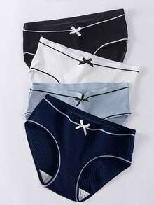 10pcs Solid Ribbed Panties With Bow Trim – Soft Cotton Blend, Mid Waist, Multi Colors - 彩色 - 查看 6