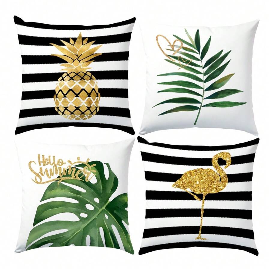 4pcs Black & White Striped, Gold Pineapple, Flamingo, Green Watercolor Leaves, Gold Heart, Printed Pillow Covers [No Pillow Insert], 17.7*17.7in (45*45cm), [Single-Sided Printing] Polyester Throw Pillow Covers For Sofa, Bed, Living Room, Bedroom, Car, Office, Hotel Decoration, Suitable For All Seasons, Perfect Gift For Family And Friends