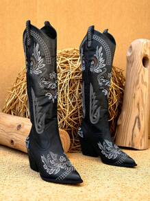 Botas vaqueras occidentales para mujer, con punta puntiaguda, bordadas, tacones gruesos, zapatos hasta la rodilla, botas de montar a la moda para exteriores
