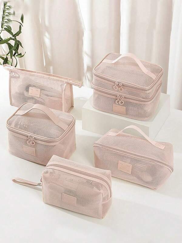 1 PC Brown Mesh Bag Travel Beach Make Up Bag,Fashionable And Casual Large Capacity Portable Zipper Makeup Bags,Travel And Vacation Essentials Cosmetic Bags For Sanitary Napkins,Pouch Pads,Wired Earphones,Earpods,Headphones,Charger,Lipsticks,Cosmetics,Perfume,Skin Care And Beauty Products,Home Decor,For Mom,Women,Nurses,Students,School Girls,Keys,Holiday Gifts
