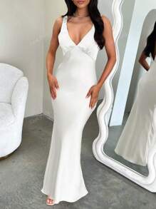Look Polly Summer Women Dresses,Solid Color Silk Long Skirt Suspender Dress,Wedding Women Dresses Fall Women Clothes, Back To School Clothes,All White Party Outfit Women Off-The-Shoulder Dress Prom Dress,Elegant And Sexy V-Neck Long Dress