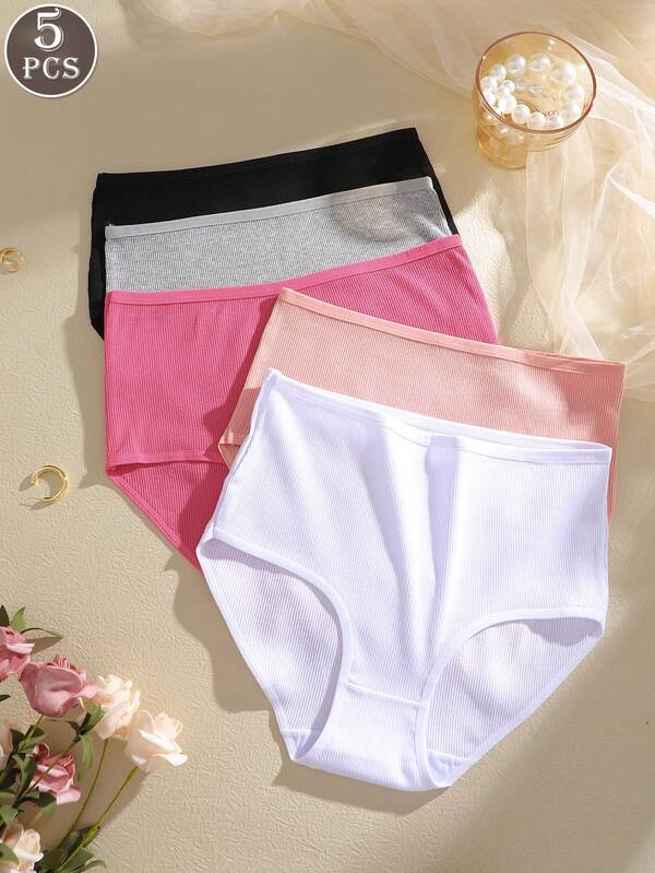 5 件套女士多色罗纹饰边休闲常规浪漫法式面料高腰四季透气全覆盖大码女士内裤