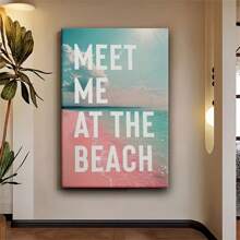 1 Stück modernes, klassisches, minimalistisches Design Strand-Motiv - Rosa Blaue Welle Holzrahmen Leinwand Poster Hochwertige Bild-Ästhetiken Wandkunst, moderne beliebte Dekorationsstile, Retro-Leinwandkunst, kreative Poster für Wohnzimmer und Schlafzimmer Dekoration