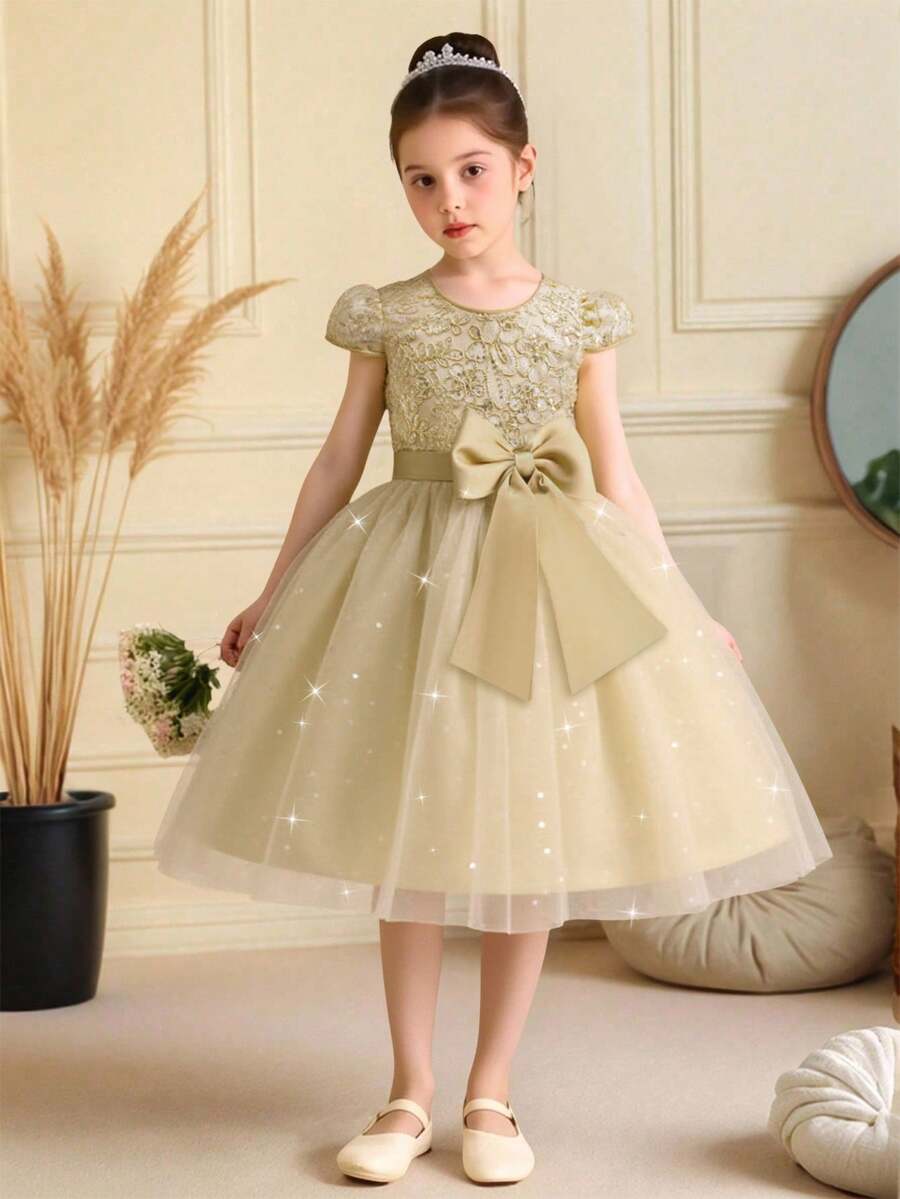 Young Girls Embroidered Mesh Princess Dress With Puff Sleeves, Suitable For School Graduation, Flower Girl, Wedding, Does Not Include Headband - Champagne - View 1