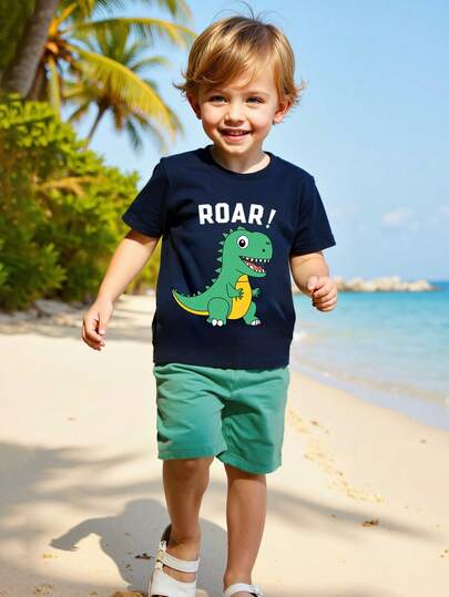 2 件套幼儿男童夏季恐龙印花短袖 T 恤和短裤套装，休闲舒适