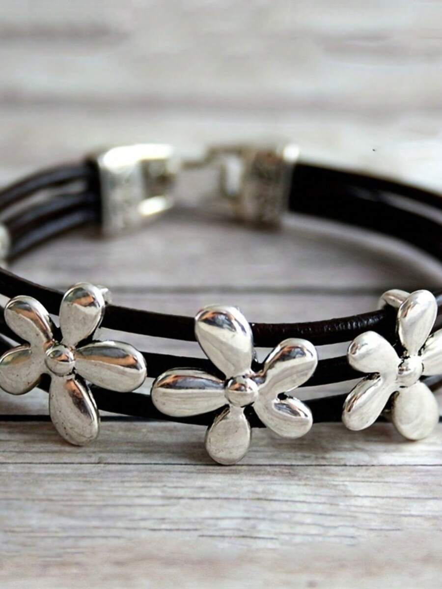 1PC Bohemian Vintage Flower Lucky Leather Multilayer Bracelet For Women Men Friendship Handmade Jewelry Couples Bangle Gift - Flower - View 1