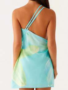 Women Slip Dress, Spaghetti Straps Backless Asymmetric Flower Print Summer Mini Dress - Khaki - View 5