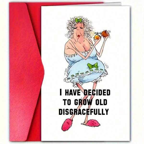 1pc "I Decided To Grow Old Disgracefully" Humorous Birthday Card With Envelope ,Cartoon Elderly Woman Design, Self-Sealing Funny Greeting Card For Family, Friends, Coworkers - Unique Aging Gracefully Gift Idea, Funny Birthday Cards, Playful Illustration, Vibrant Colors, Adult Humor Lovers