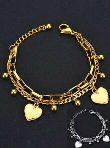 1pc Unisex Couple Bracelet, Vintage Fashionable Double-Layer Heart Design, Multi-Element Chain, Personalized Street Hip-Hop Luxury Titanium Steel Bracelet Accessories