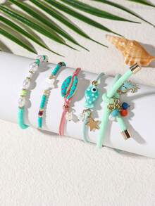 5 件套可爱卡通章鱼、贝壳和鱼陶瓷弹力手链套装，适合女性日常、度假和休闲穿着 - 顏色 - 查看 4