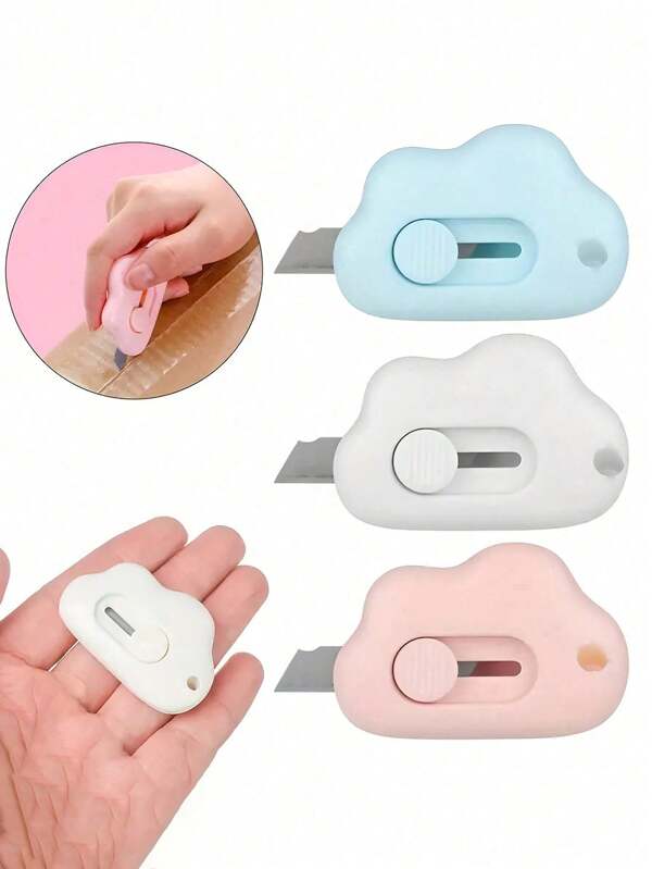 3 pièces Coupe-papier en forme de nuage, coupe-enveloppe couteau rétractable pratique pour l'art, coupe-boîte à papier en forme de nuage portable avec trou pour porte-clés