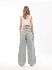 女式纯色纽扣口袋拉链牛仔裤 - 藍色 - 查看 5