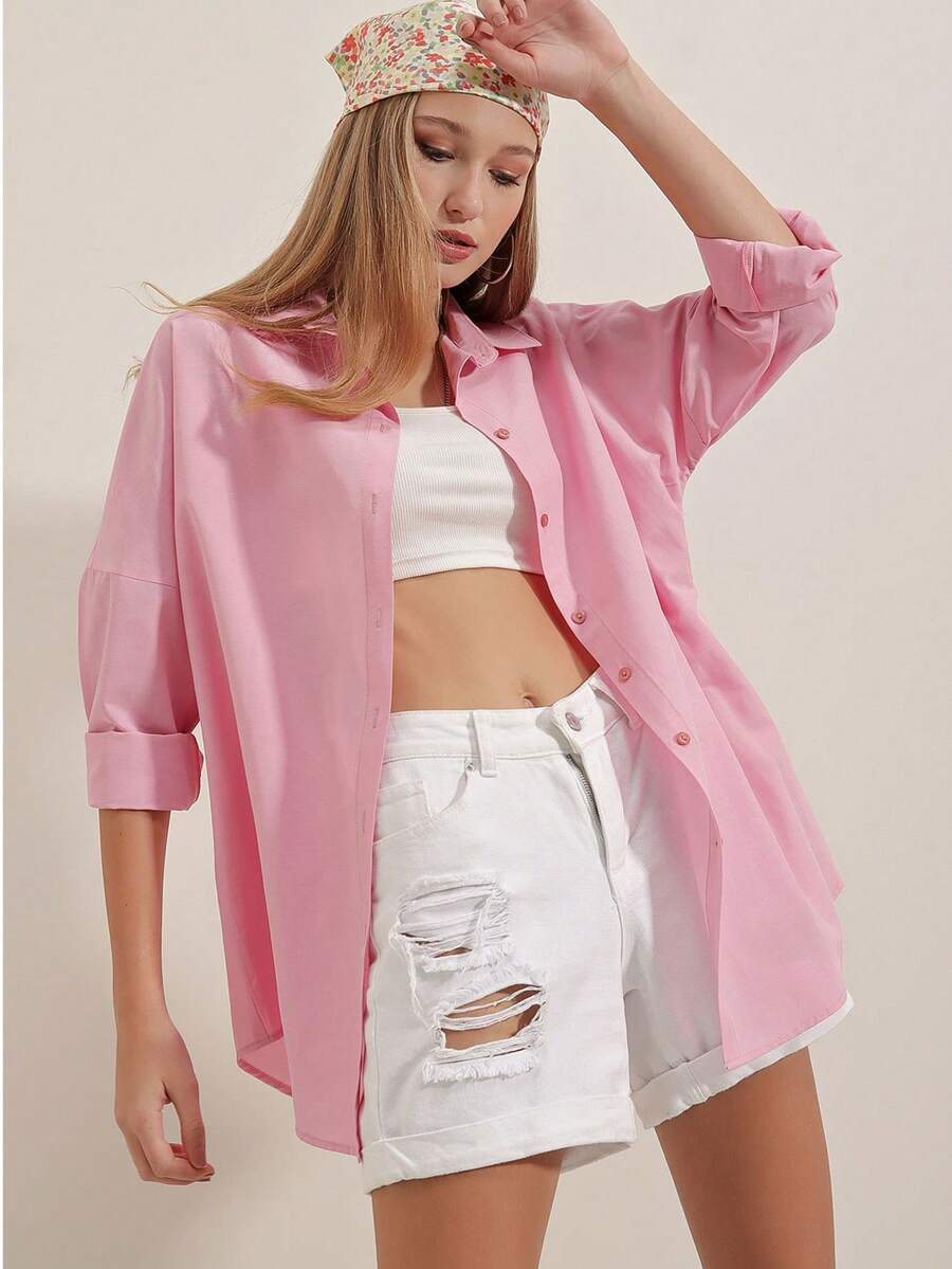 Basic Oversized Casual Button Front Shirt, Solid Color - Dusty Pink - View 1