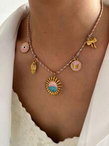 Monlansher Neues original rosa mehrteiliges Bohemien-Stil Damen Halskette mit Elementen wie Hand, Sonnenblume, Schleife, Auge, Schmetterling Anhänger, handgefertigte emaillierte Glasur, modisch elegant für Lässig, Urlaub, Party und Alltag