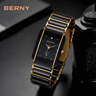 Men's Black Stainless Steel  Ceramic Luxury Quartz Watch-Date Window,High-Hardness Scratch-Resistant Square Dial,30M Water-Resistant-Ideal For Busine