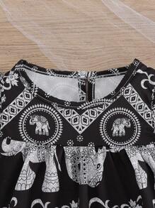 Vestido de verano casual para niñas pequeñas con estampado de elefante de manga corta y estampado floral