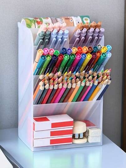 1 pieza Organizador de escritorio con compartimentos de soporte diagonal para bolígrafos, caja de almacenamiento de gran capacidad para maquillaje y cosméticos