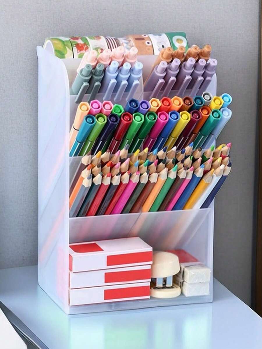 1 件斜插笔筒多隔层办公桌收纳盒，大容量化妆品收纳盒