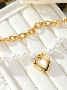 1 件欧美奢华金属仿珍珠心形吊坠多层项链，优雅女士锁骨项链 - 金黃色 - 查看 4