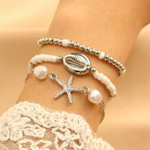 Set de 3 pulseras de estilo bohemio con decoración de estrella de mar y conchas con perlas, imprescindible del verano para mujeres
