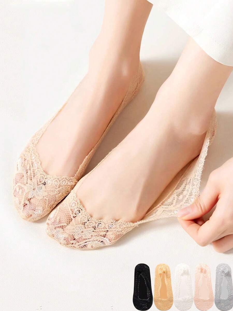 1/5 Pairs Lace Flower Sock Slippers Women Summer Breathable Silicone Non-Slip Ankle Invisible Slipper Hollow Boat Socks Ballet Sox - Multicolor - View 1