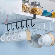 1pc White And Black Hook Cup Rack Storage Rack 6 Hooks Suitable For Cabinet, Pot, Shovel Rack, No Need To Drill Storage Rack