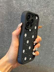 1 pieza Funda de teléfono móvil de TPU a prueba de golpes con estampado de margaritas y puntos, compatible con Apple 16/15/14/13/12/11 Pro Max, resistente al agua, a las caídas y a los arañazos - Negro - Ver 2