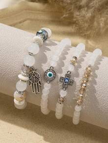 4 件套波西米亚风格恶魔之眼、棕榈、十字架手链，可堆叠多色可调节缠绕手链，适合春夏季