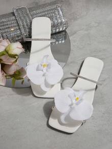 French 3D Flower Embellished Sandal, Elegant And Fashionable Casual Cute Fairy Commute Party Style, Made Of Polyester Fiber, With 3D Floral Decor, Suitable For Beach, Wedding, Office, Home, Outdoor, Summer, Blush Color - White - View 5