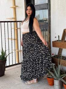 Truni Plus Size Women Elegant Floral Print Skirt Maxi Vacation Beach Outfit