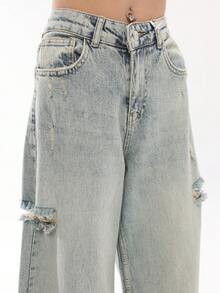 女式纯色纽扣口袋拉链牛仔裤 - 藍色 - 查看 3